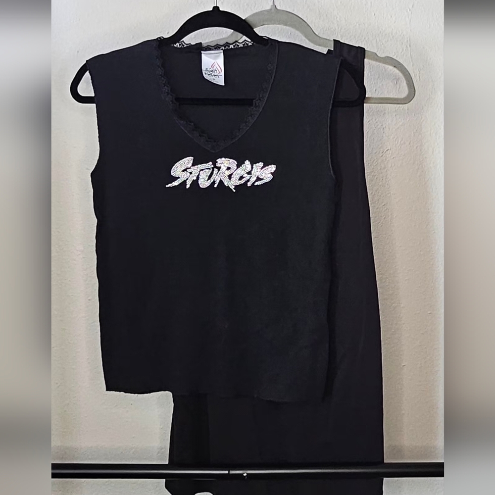 Womens Black Sleeveless Top with 'Sturgis' Script And Skull Racerback Bundle.